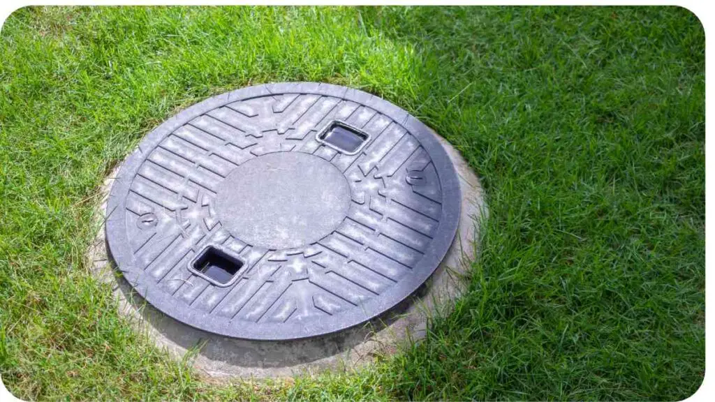 a manhole cover sitting on top of a grassy field