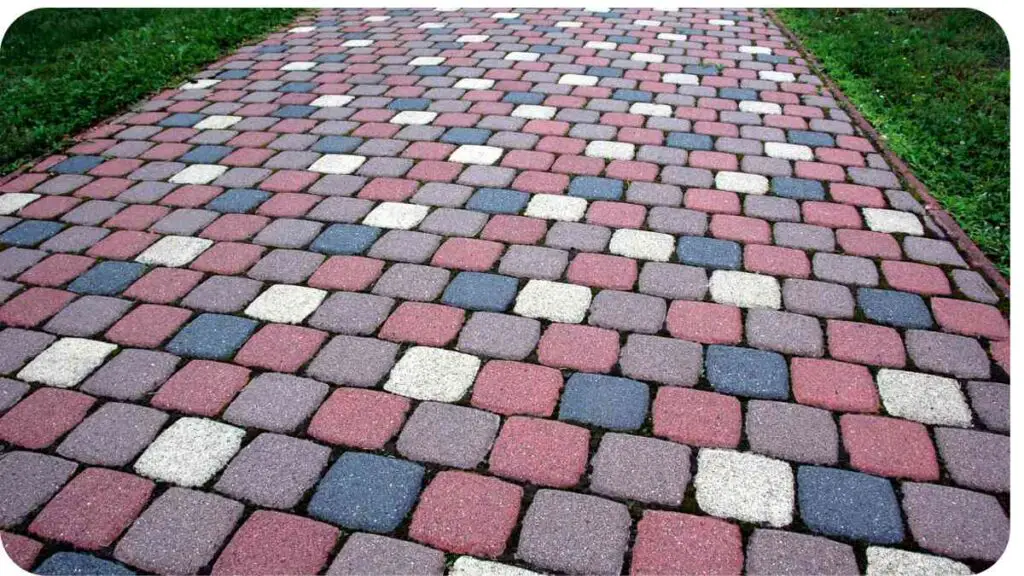 a walkway made of red, white, and black bricks