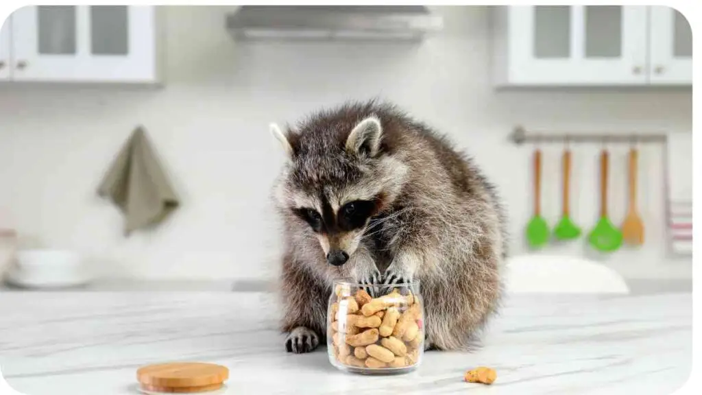 a raccoon standing on a kitchen counter with a jar of peanut butter.