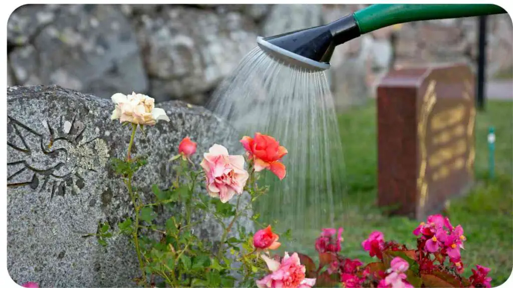 a person watering flowers with a garden hose in front of a tombstone