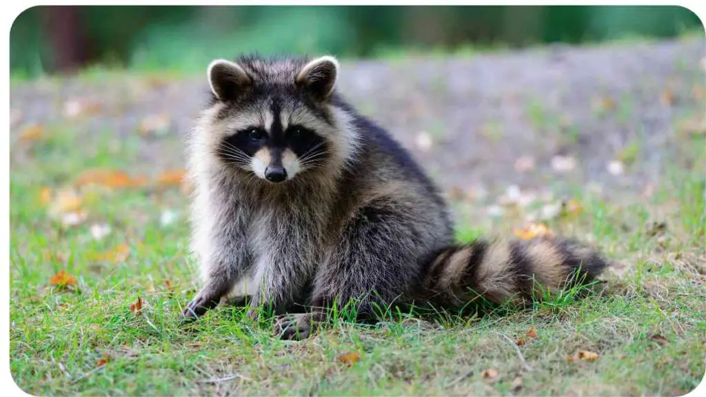 a raccoon sitting on the ground in the grass