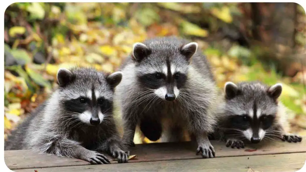 three raccoons sitting on a wooden bench