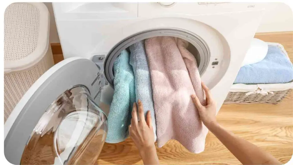 a person putting towels into a washing machine