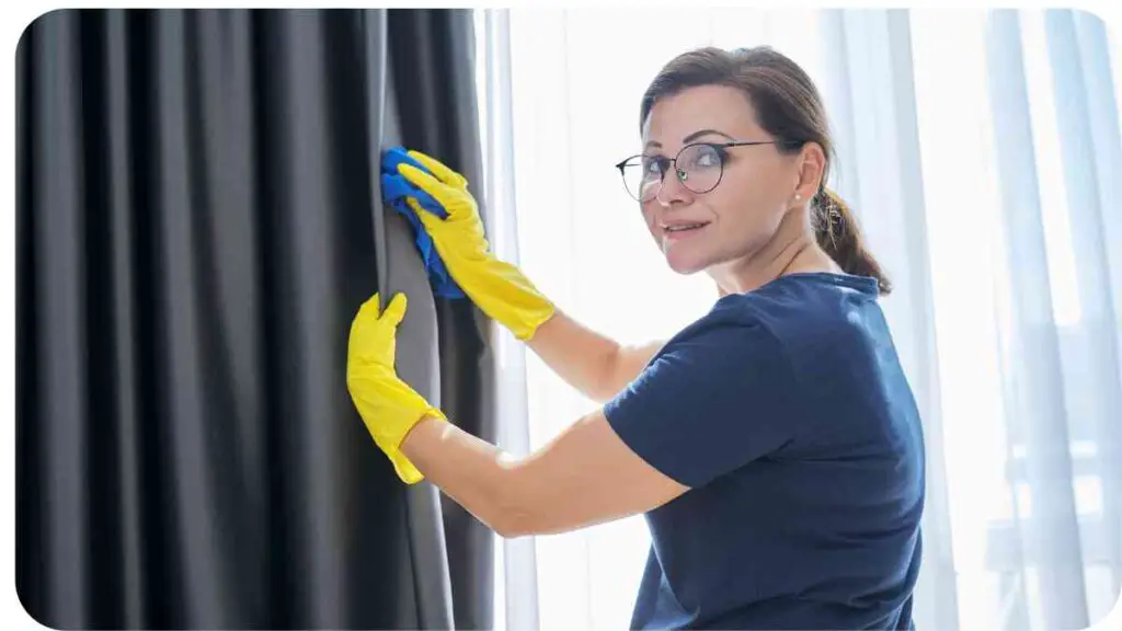 a person in blue shirt and yellow gloves cleaning curtains