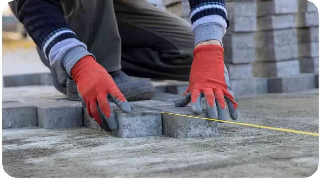 a person in red gloves is laying bricks on the ground