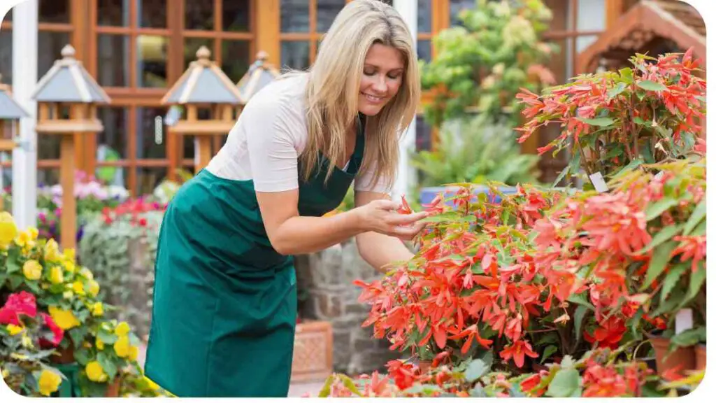 a person in an apron is looking at plants in a garden center