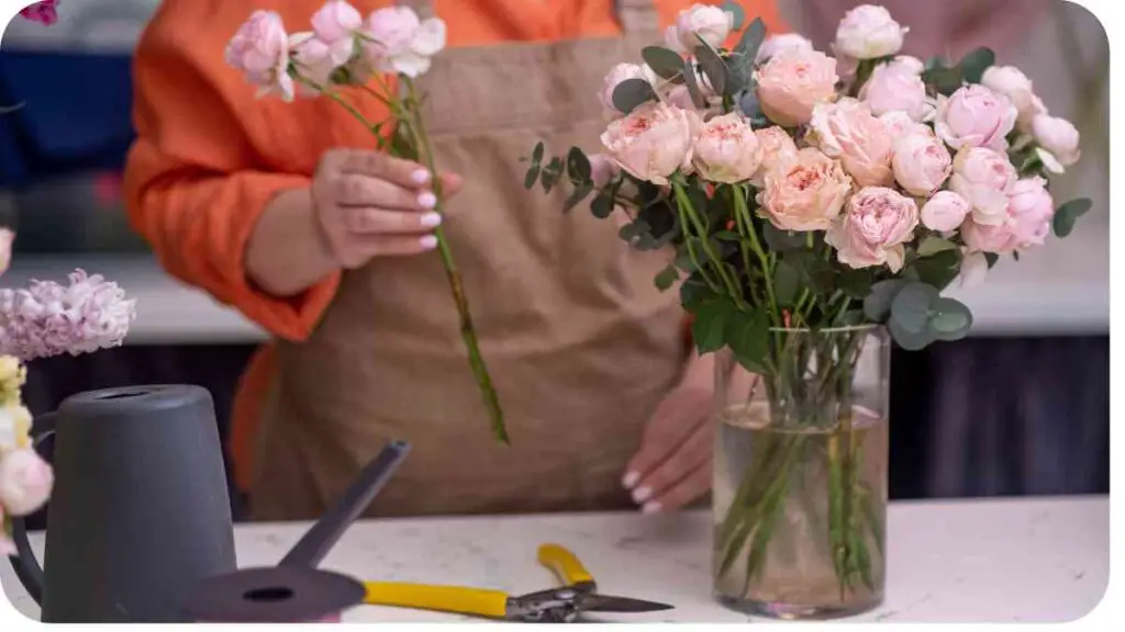 a person in an apron is arranging flowers in a vase