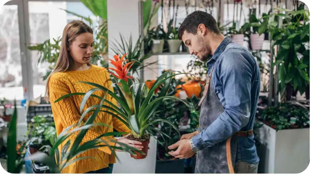 a person looking at plants in a florist shop