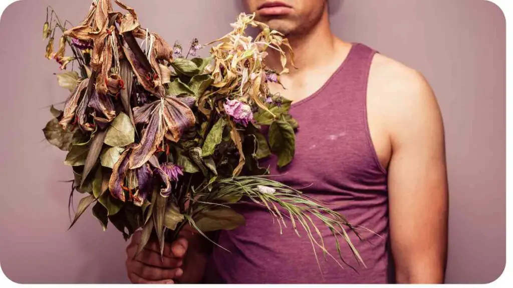 a person holding a bunch of dried flowers