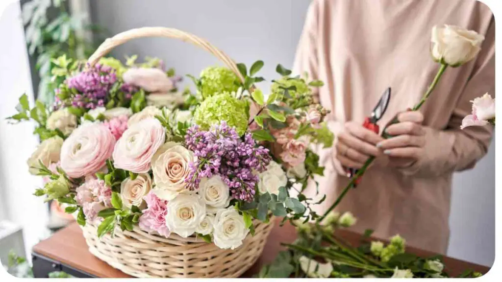 a person is cutting flowers in a wicker basket