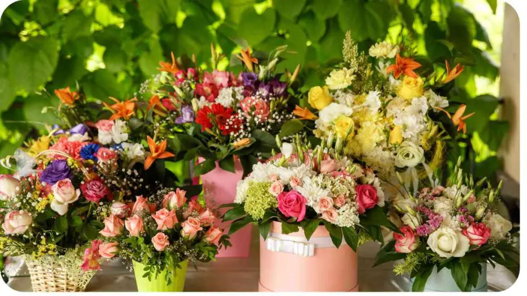 many different types of flowers are arranged in vases