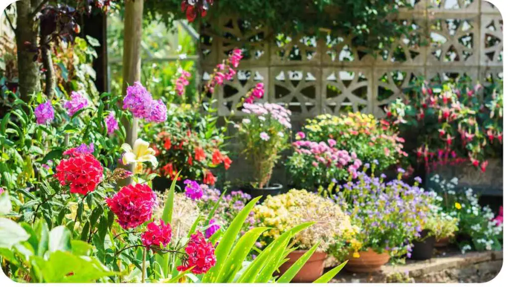 a garden with many different types of flowers