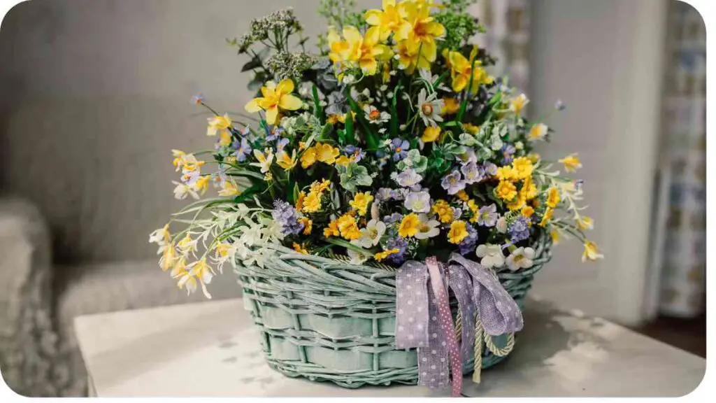 a basket filled with yellow and purple flowers on a table
