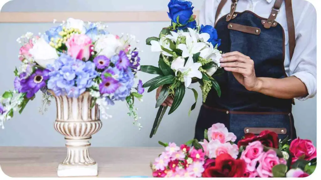 a person is arranging flowers in a vase on a table