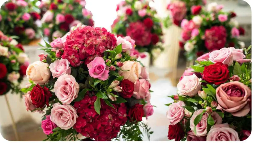 many pink and red flowers are arranged in vases