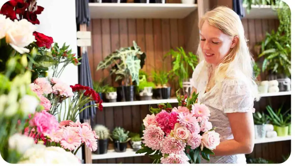 a person is holding a bouquet of flowers in a flower shop