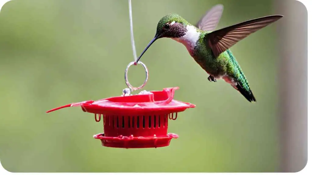 a hummingbird is hovering over a red feeder