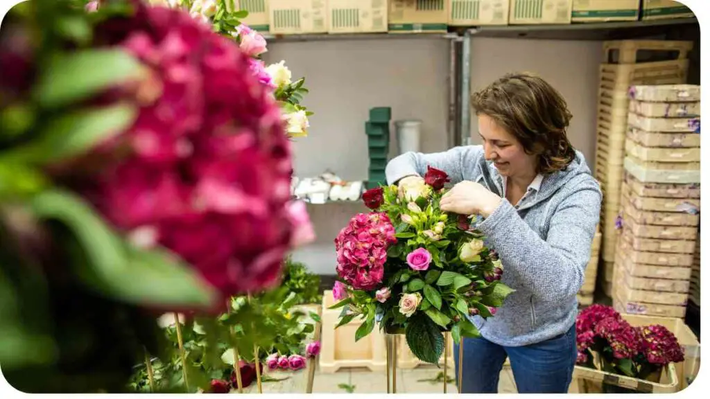 a person is arranging flowers in a flower shop