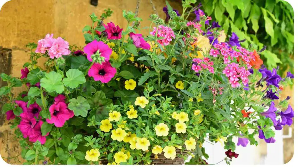 colorful flowers in a hanging basket on a wall