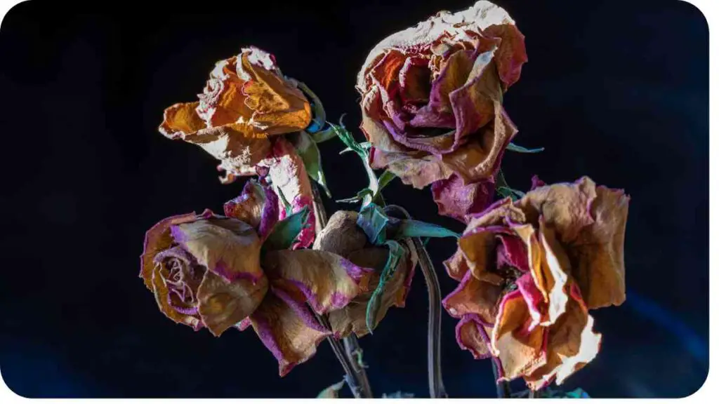 dried roses in a vase on a black background