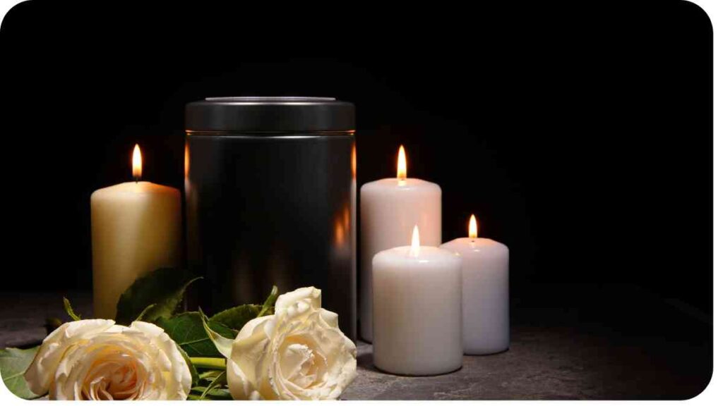 three white roses and a candle sit next to each other