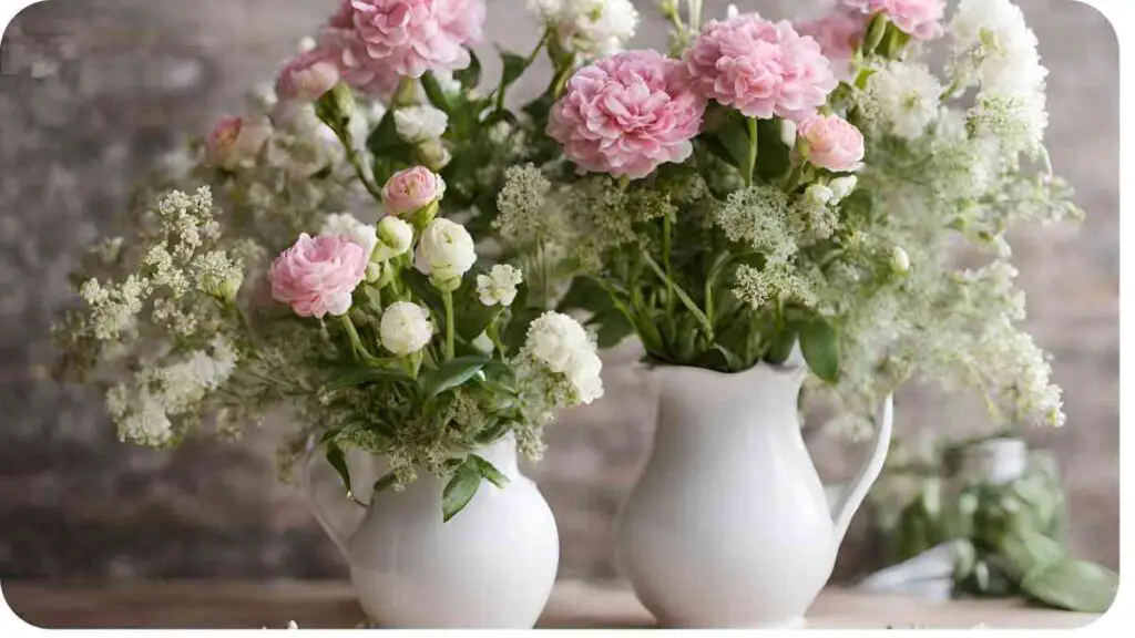 pink and white flowers in vases on a wooden table