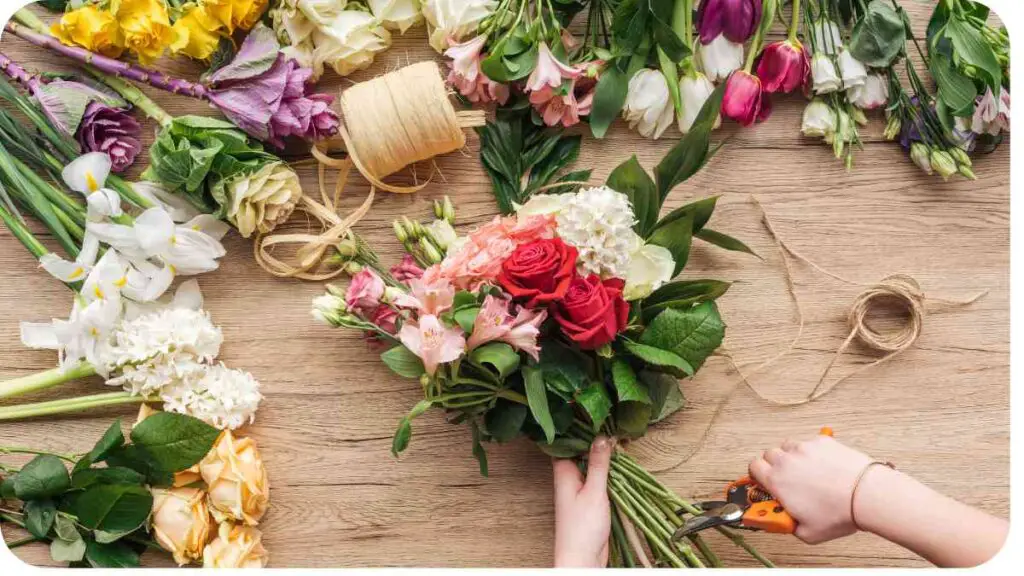 a person is cutting a bouquet of flowers on a wooden table