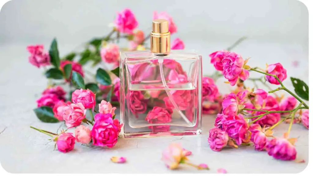 a bottle of perfume surrounded by pink roses