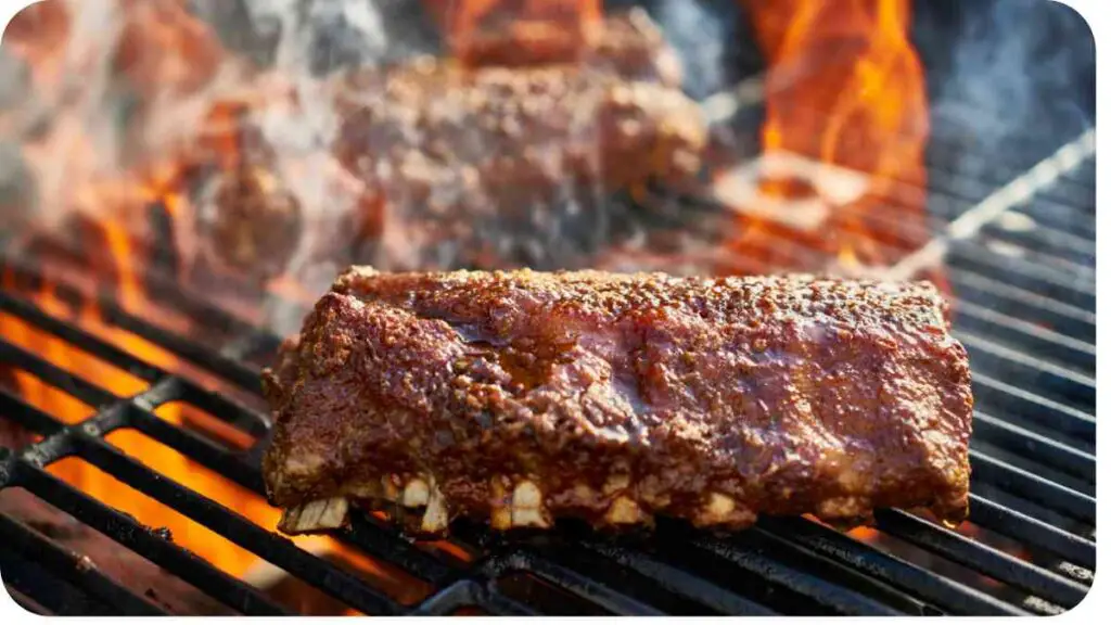 ribs on a grill with flames and smoke