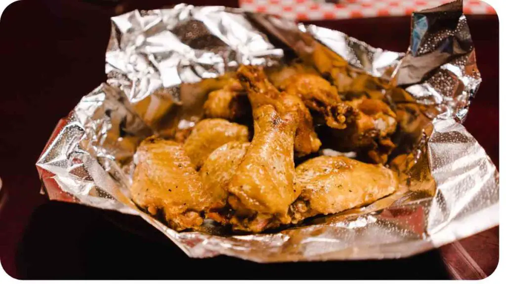 a basket of chicken wings sitting on top of foil