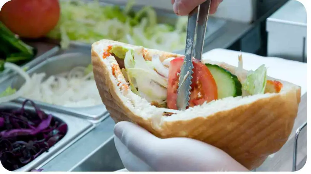 a person holding a knife and fork over a sandwich