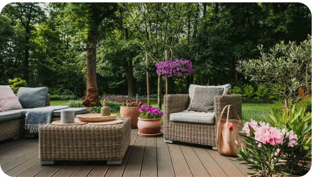 an outdoor patio with wicker furniture and flowers