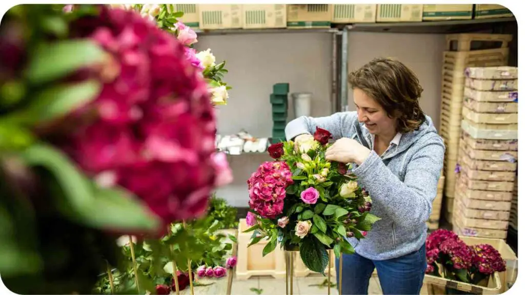 A person is arranging flowers in a flower shop.