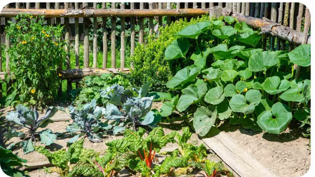 Vegetables growing in a garden in front of a wooden fence