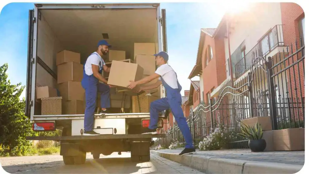 Two individuals unloading boxes from a moving truck