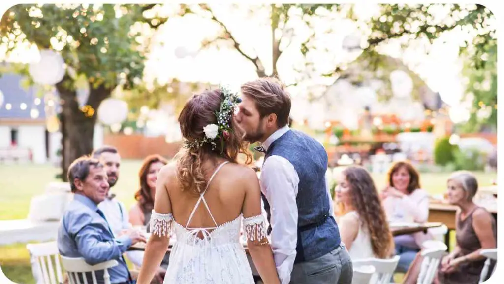 a bride and groom kiss at their outdoor wedding reception