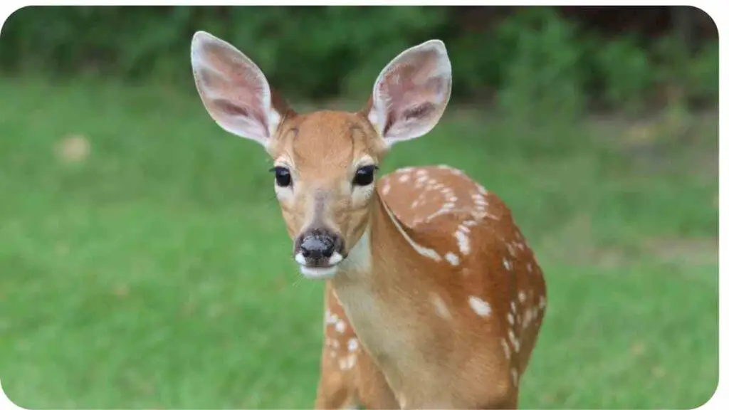 a fawn is standing in the grass looking at the camera