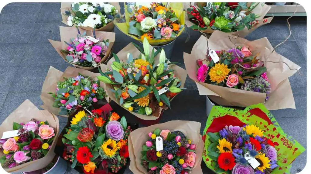 many different types of flowers in paper bags