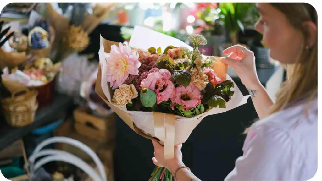 a person is holding a bouquet of flowers in a flower shop