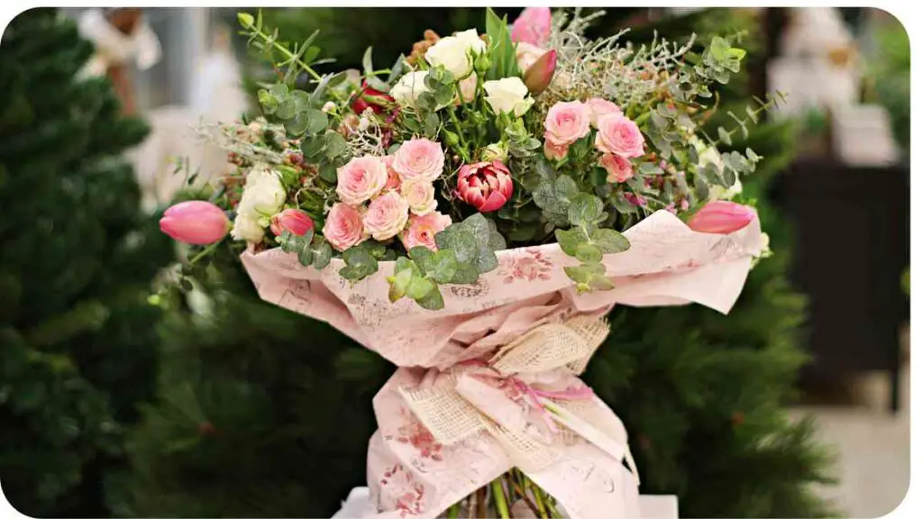 a bouquet of flowers in front of a christmas tree