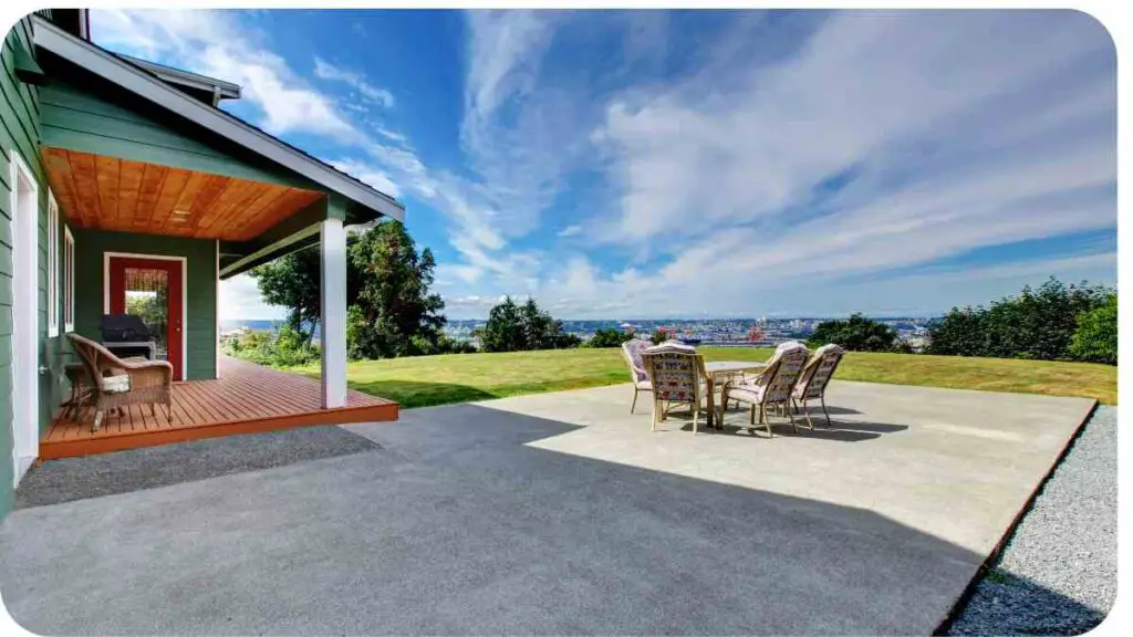 a patio with a table and chairs in front of a green house