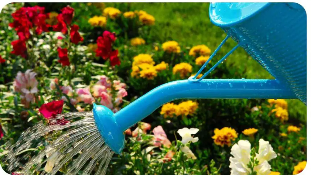 a blue watering can in a flower garden