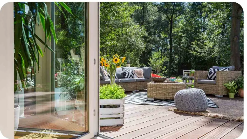 an outdoor patio with furniture and plants