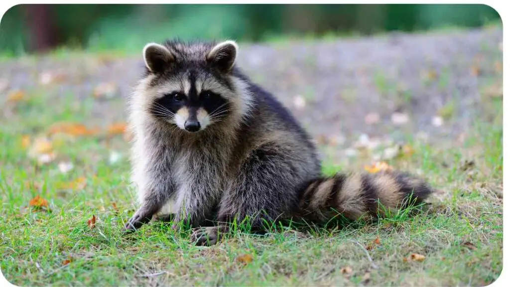 a raccoon sitting on the ground in the grass