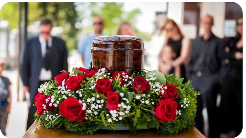 a casket with red roses and greenery in front of people