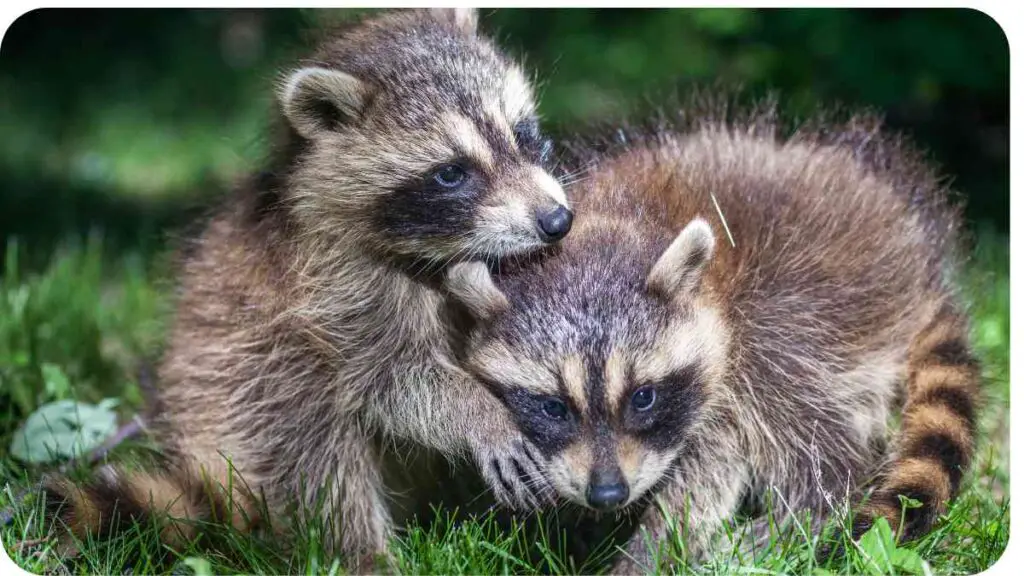 two baby raccoons playing together in the grass